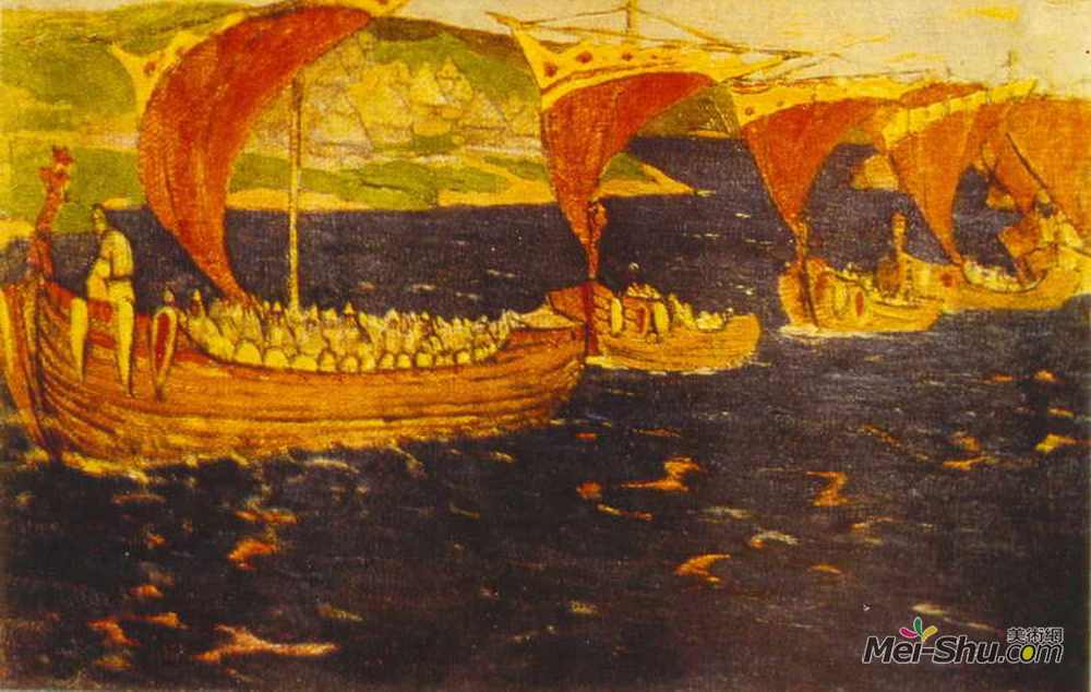 尼古拉斯·罗瑞奇(Nicholas Roerich)高清作品《鲜红的帆（海外客人）》