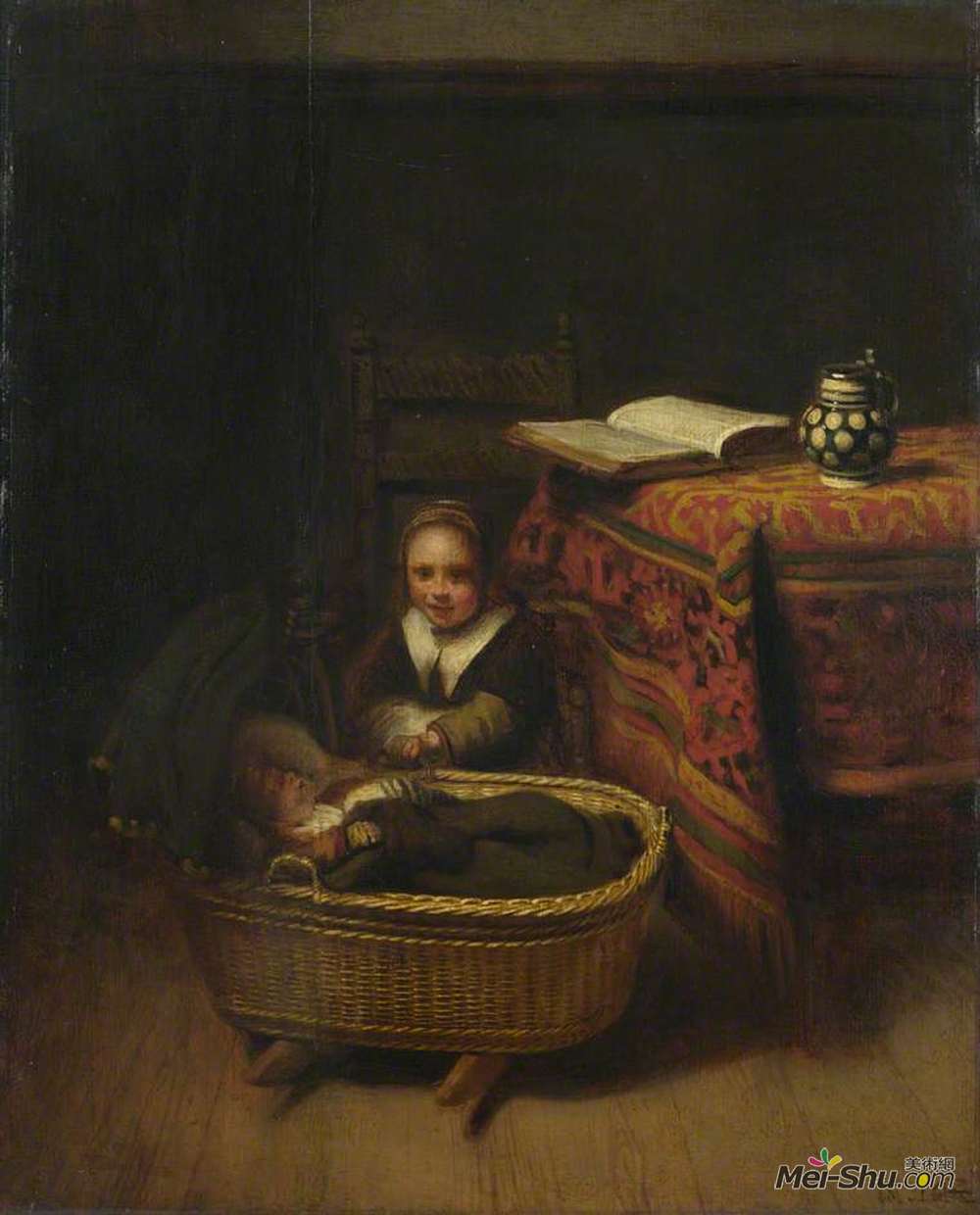 尼古拉斯·马斯(Nicolaes Maes)高清作品《晃动摇篮的小女孩》