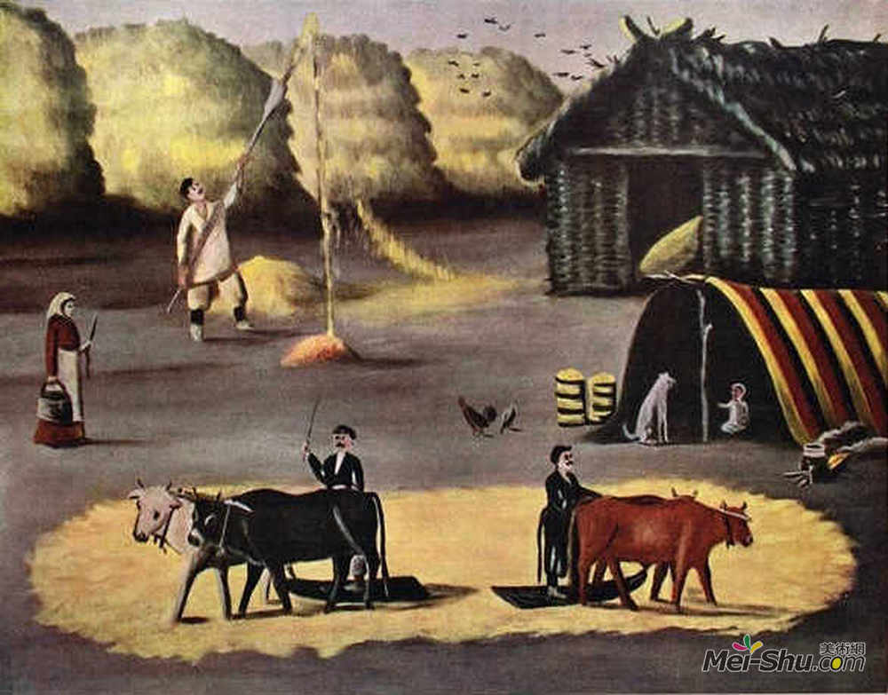 皮罗斯马尼(Niko Pirosmani)高清作品《在格鲁吉亚乡村的地板上打谷》