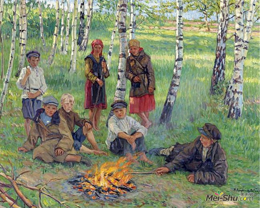 尼古拉·博格丹诺夫·贝尔斯基(Nikolay Bogdanov-Belsky)高清作品《在篝火旁》