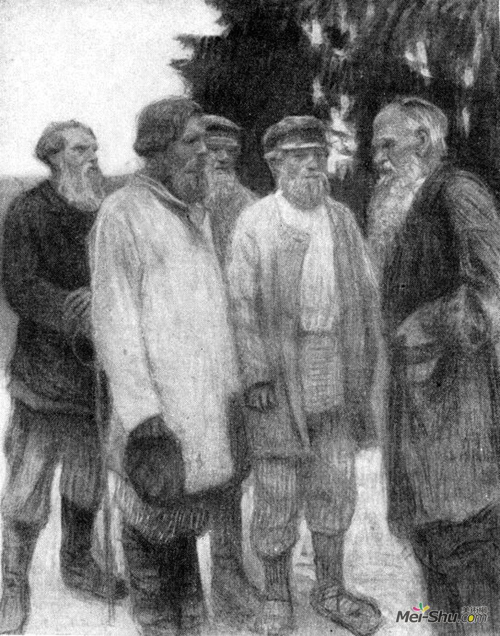 尼古拉·博格丹诺夫·贝尔斯基(Nikolay Bogdanov-Belsky)高清作品《Leo Tolstoy amoung the Peasants》