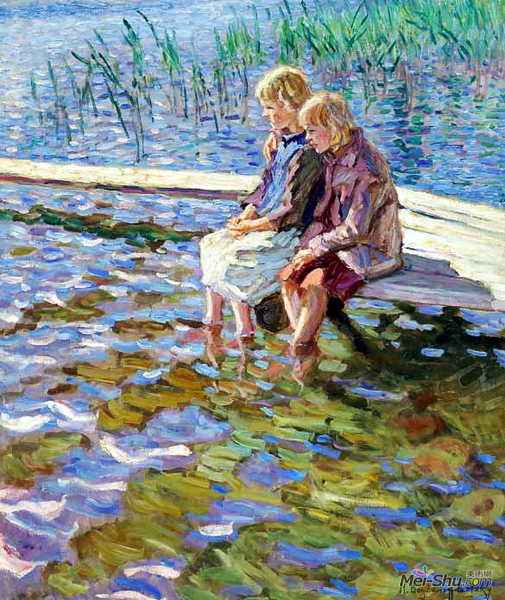 尼古拉·博格丹诺夫·贝尔斯基(Nikolay Bogdanov-Belsky)高清作品《行人天桥上的两个女孩》