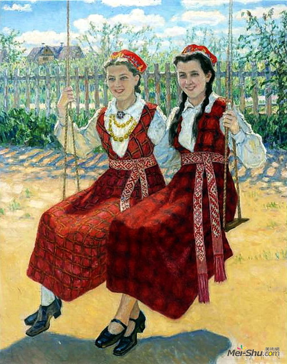 尼古拉·博格丹诺夫·贝尔斯基(Nikolay Bogdanov-Belsky)高清作品《秋千上的两个女孩》