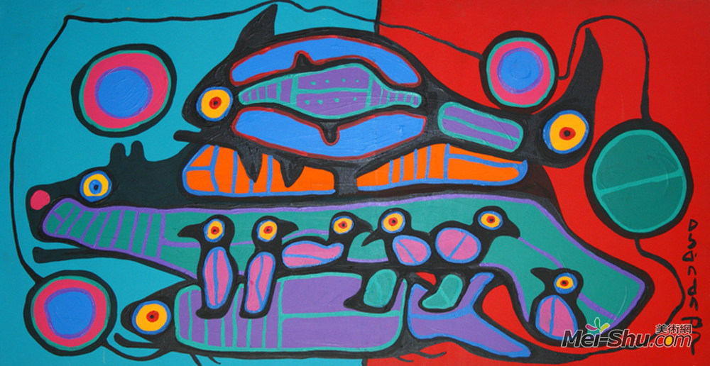 诺娃尔·墨里塞奥(Norval Morrisseau)高清作品《熊、鸟、鱼和小鸡》