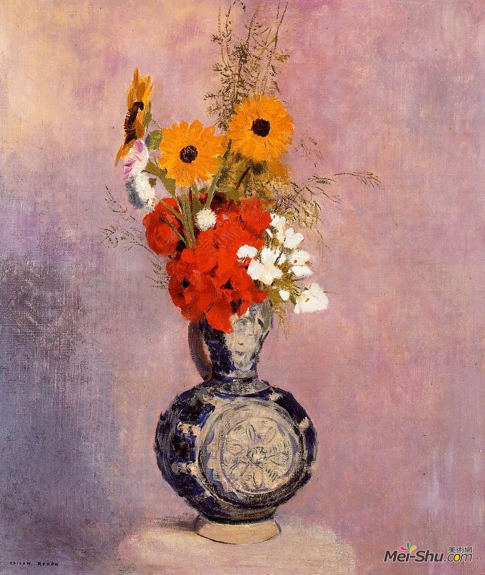 奥迪隆·雷东(Odilon Redon)高清作品《蓝色花瓶里的花束》