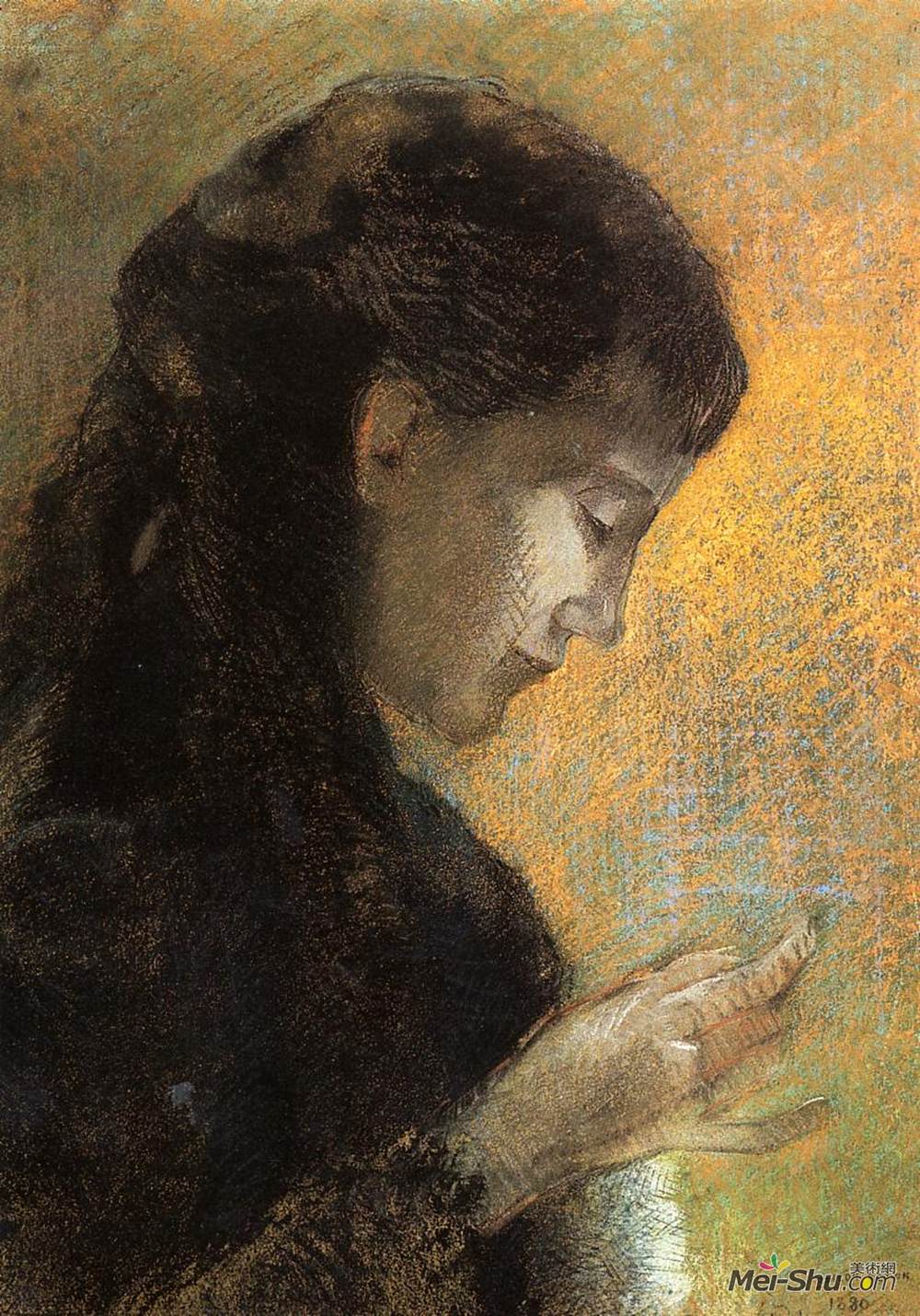 奥迪隆·雷东(Odilon Redon)高清作品《Portrait of Madame Redon Embroidering》