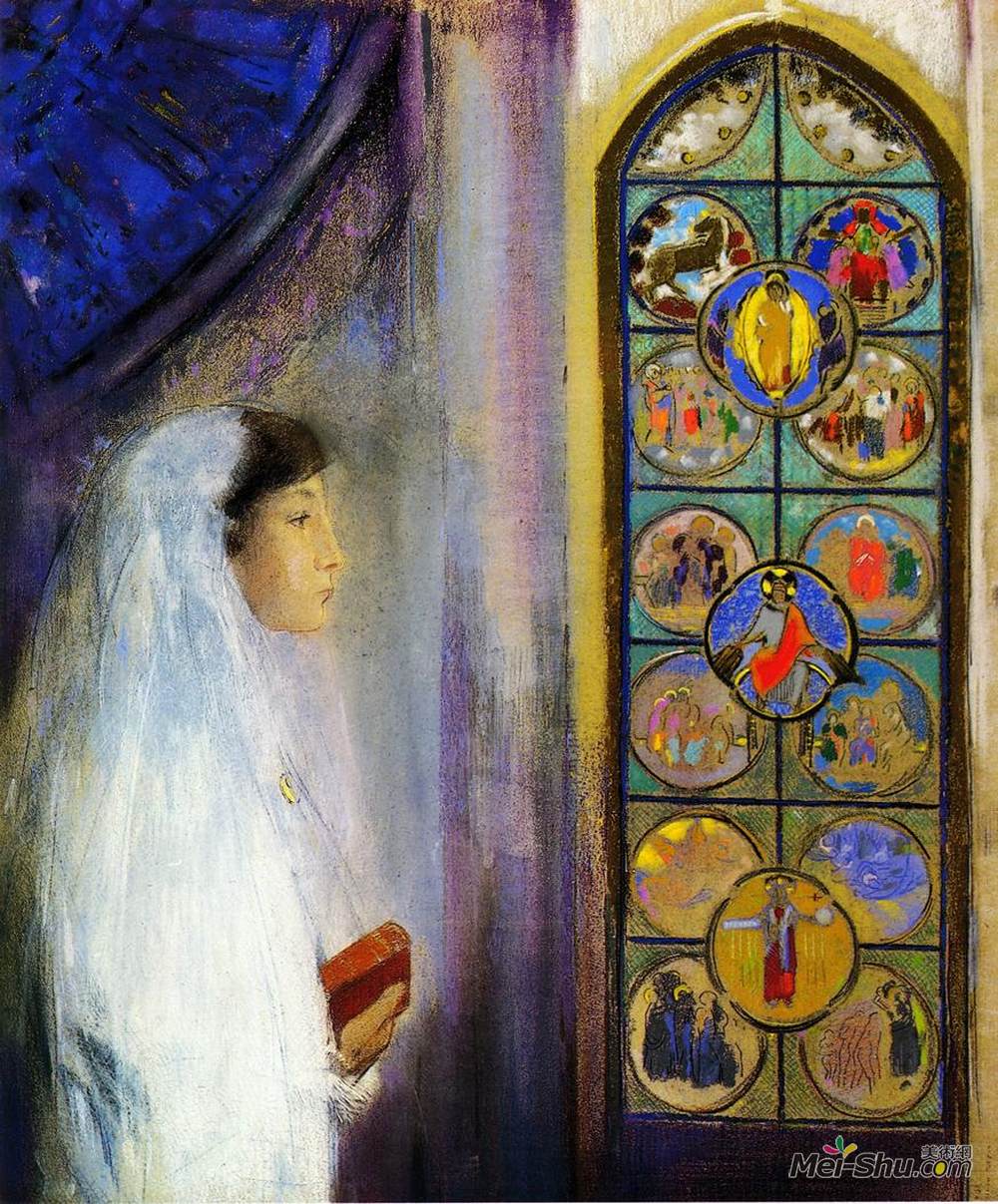 奥迪隆·雷东(Odilon Redon)高清作品《Portrait of Simone Fayet in Holy Communion》