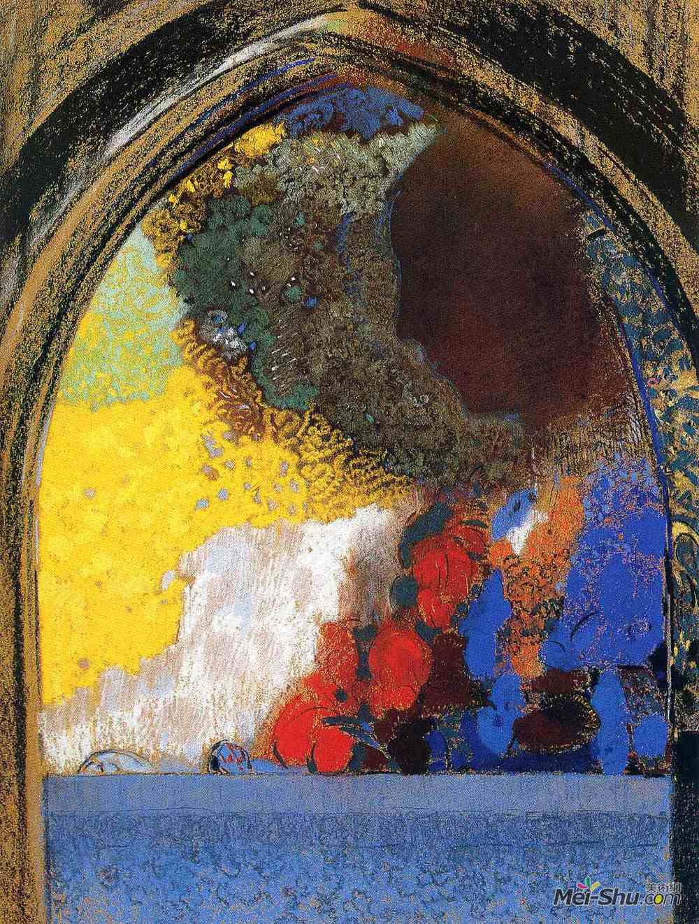 奥迪隆·雷东(Odilon Redon)高清作品《哥特式拱形下的女人》