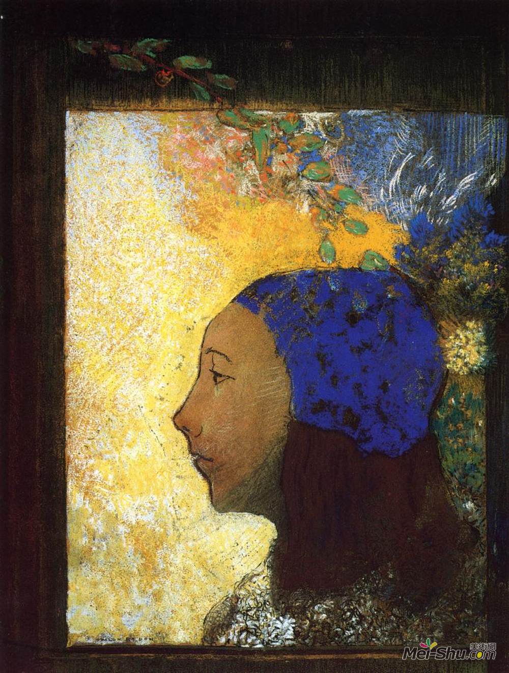 奥迪隆·雷东(Odilon Redon)高清作品《戴蓝色帽子的年轻女孩》