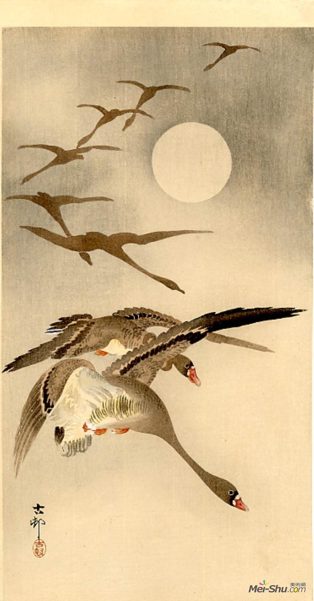 小原古邨(Ohara Koson)高清作品《飞行中有八只白雁;?满月后面》