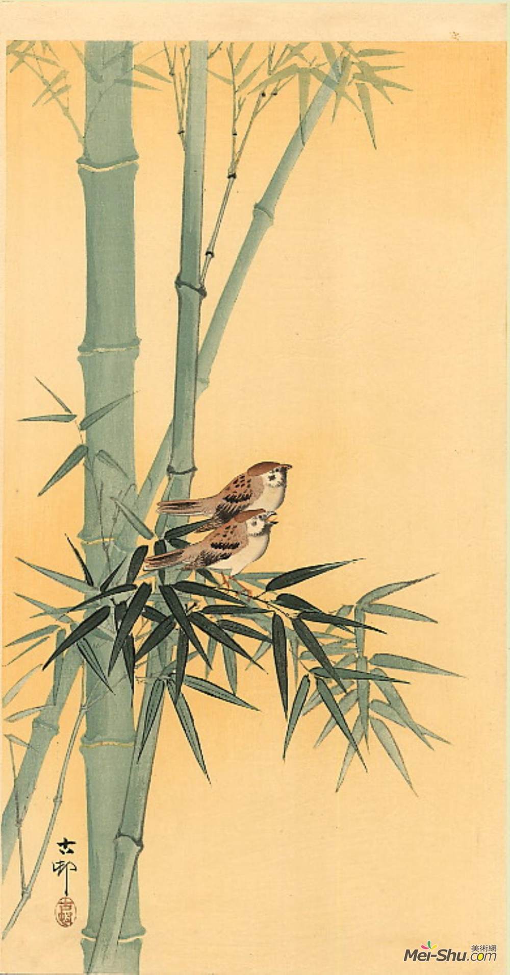 小原古邨(Ohara Koson)高清作品《竹林麻雀》