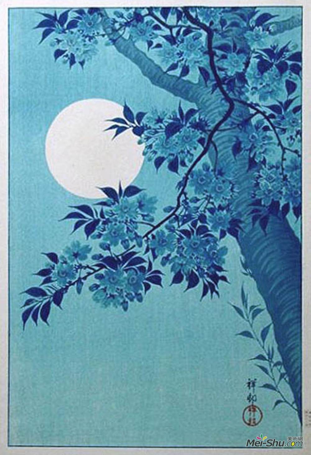 小原古邨(Ohara Koson)高清作品《月光下的樱桃》