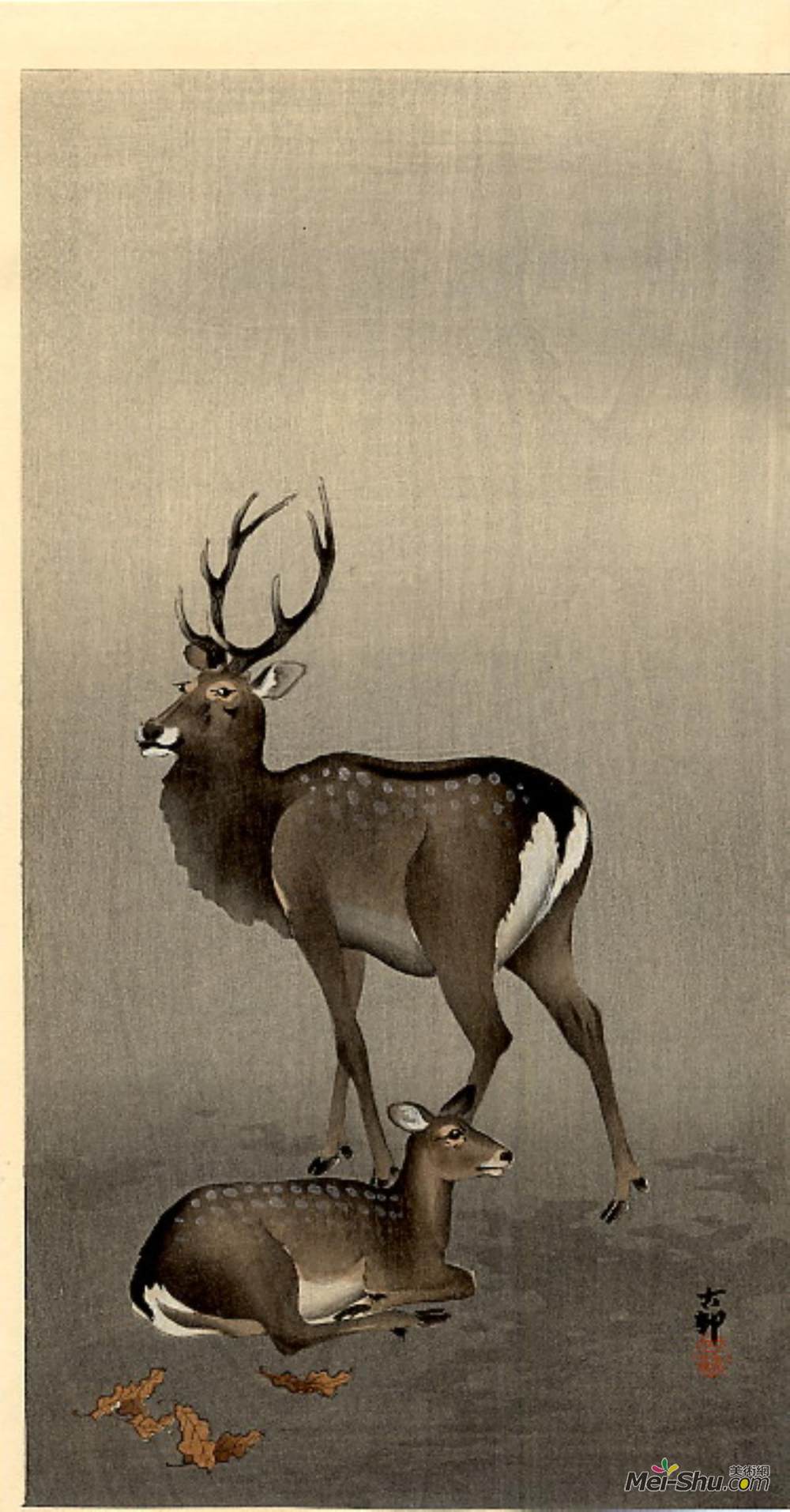 小原古邨(Ohara Koson)高清作品《雄鹿和卧姿母鹿》