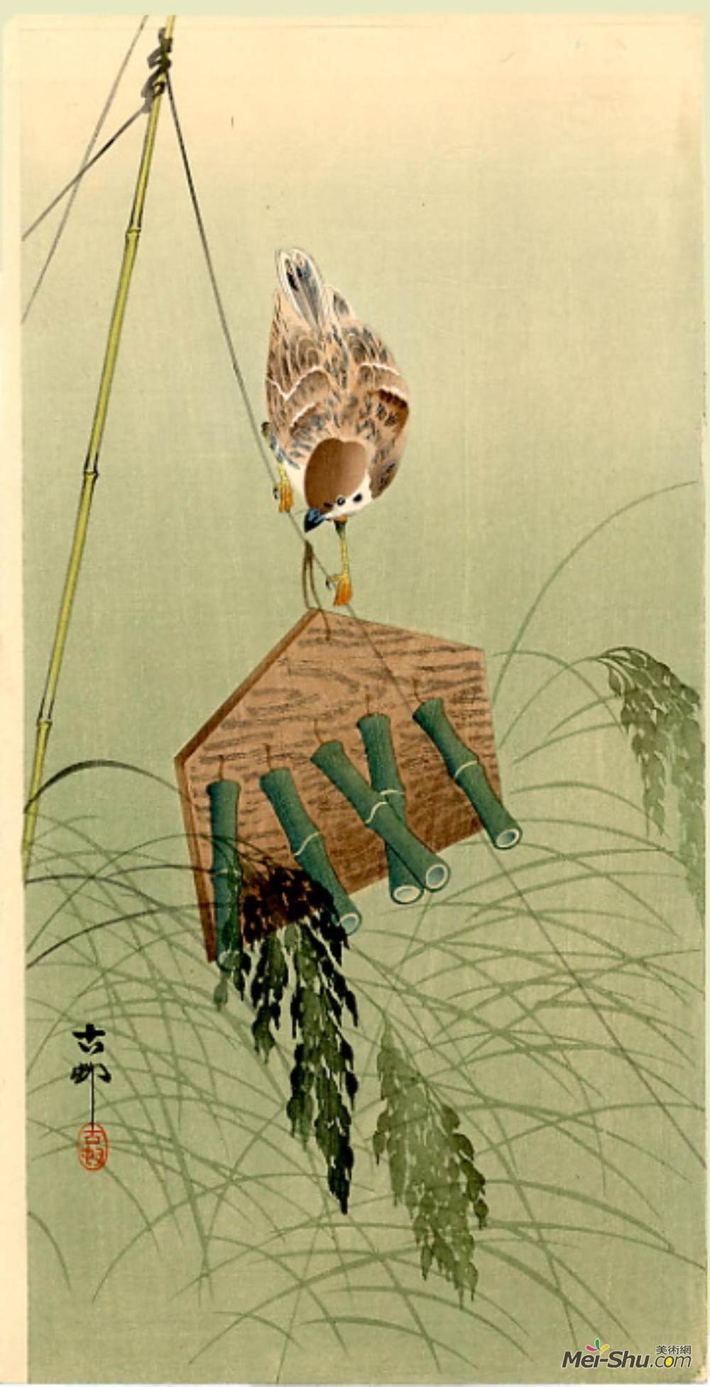 小原古邨(Ohara Koson)高清作品《麻雀和稻草人》