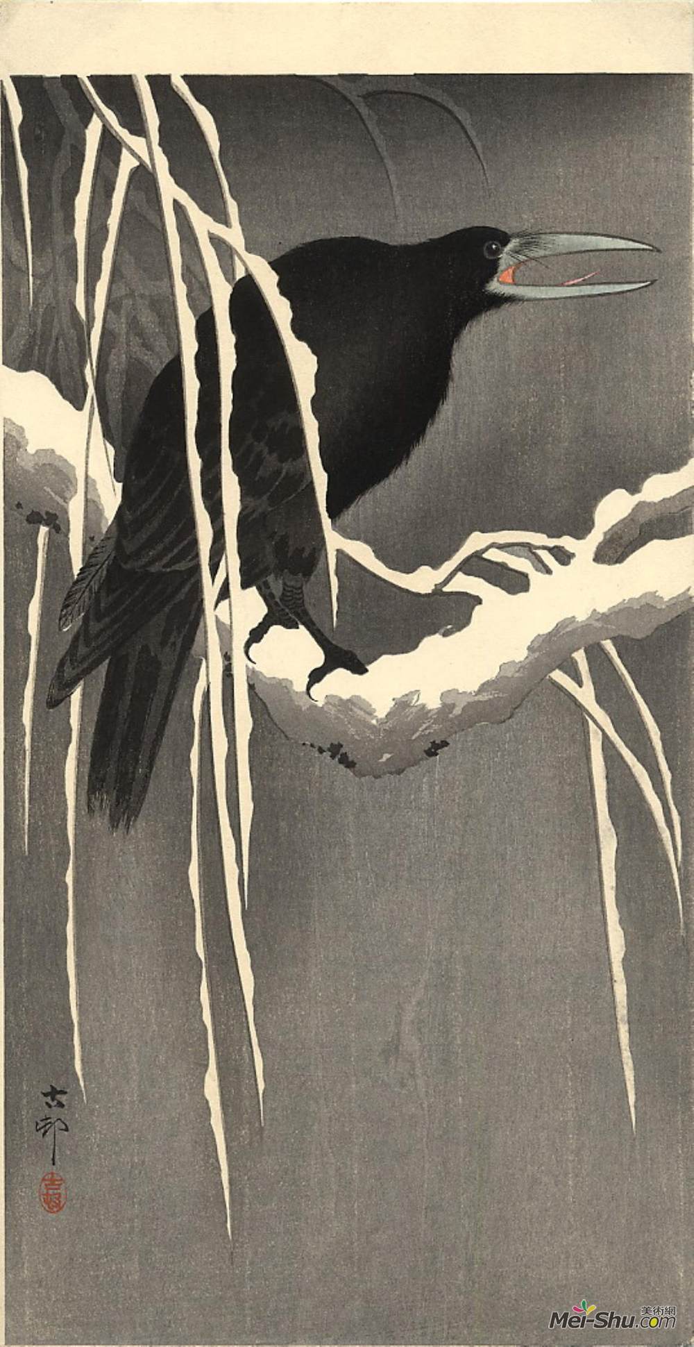 小原古邨(Ohara Koson)高清作品《雪枝上的乌鸦》