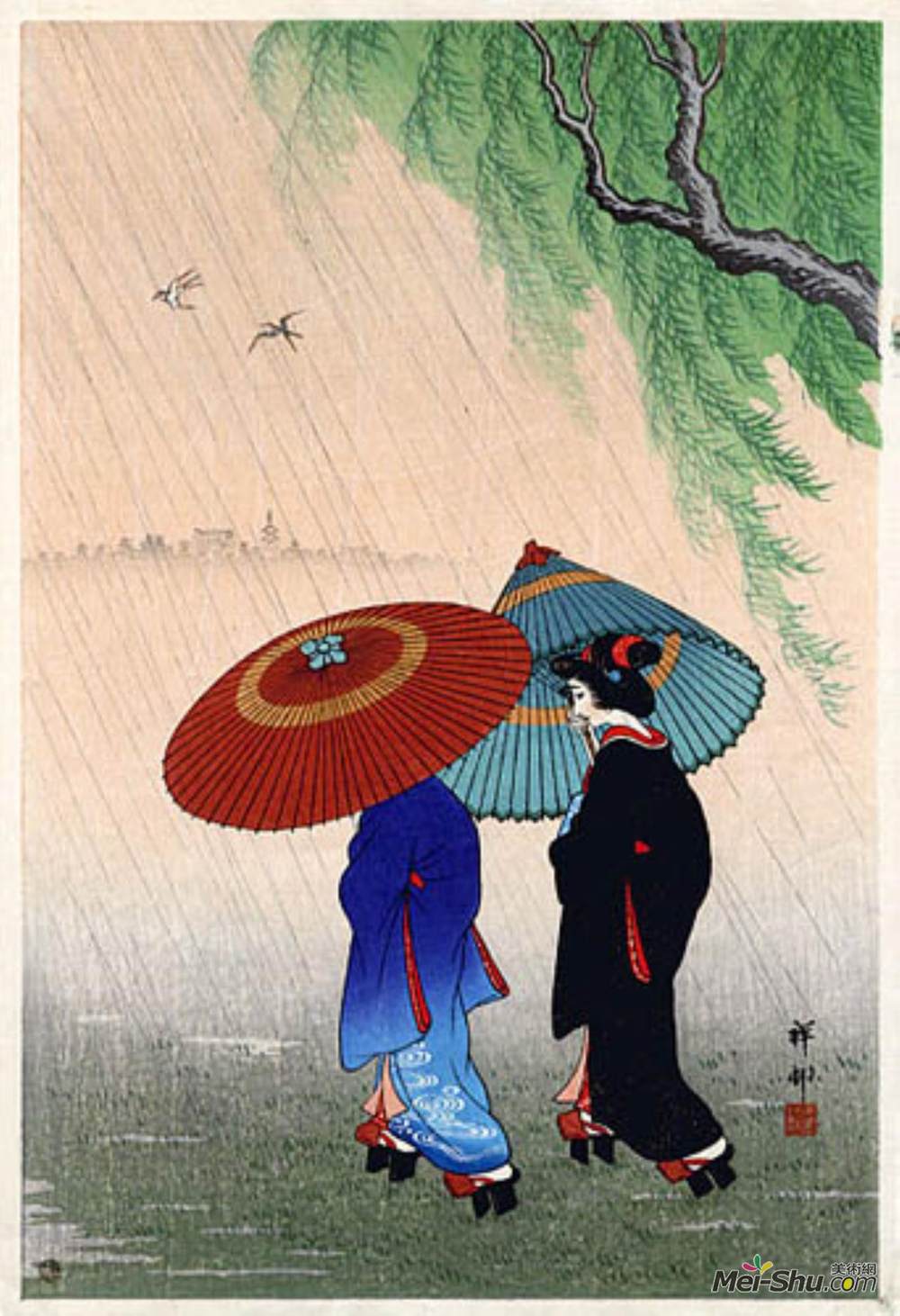 小原古邨(Ohara Koson)高清作品《雨中的两朵美景》