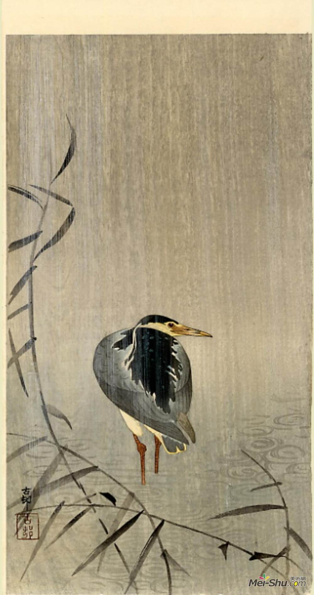 《倾盆大雨中的苍鹭》小原古邨(ohara koson)高清作品