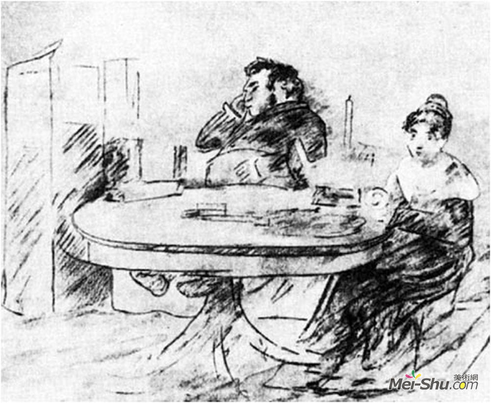 吉普林斯基(Orest Kiprensky)高清作品《Ivan Krylov and Anna Fuhrman in the living room》
