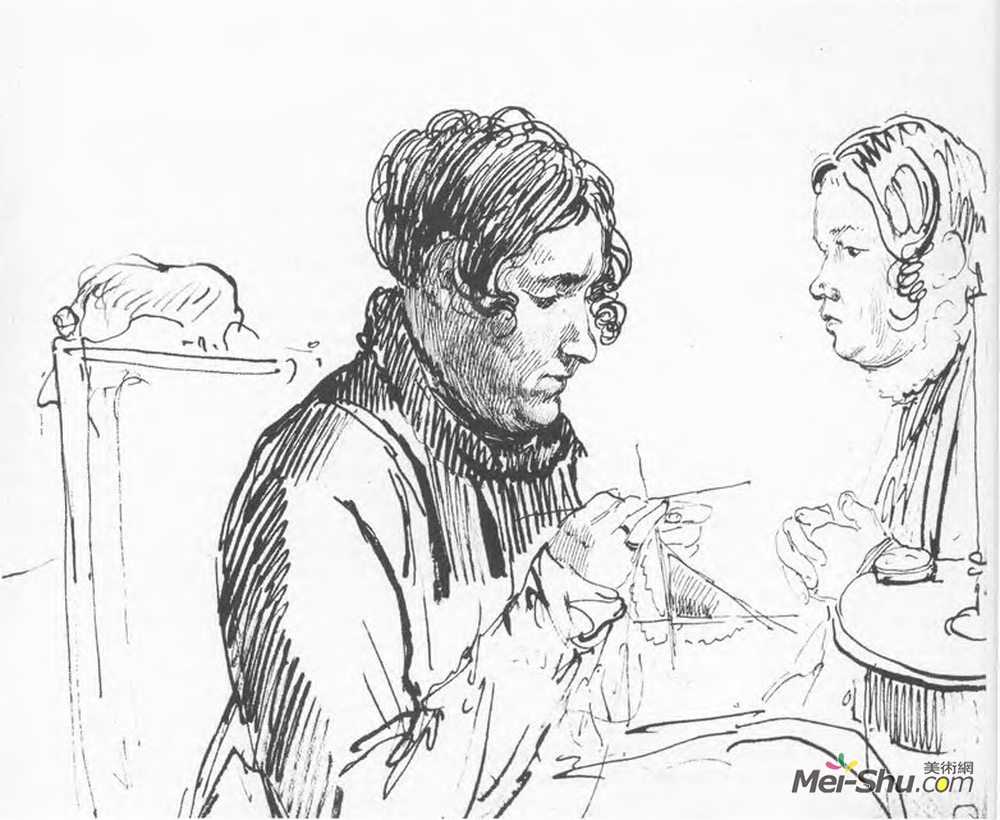 吉普林斯基(Orest Kiprensky)高清作品《编织。餐桌上的两个女人》