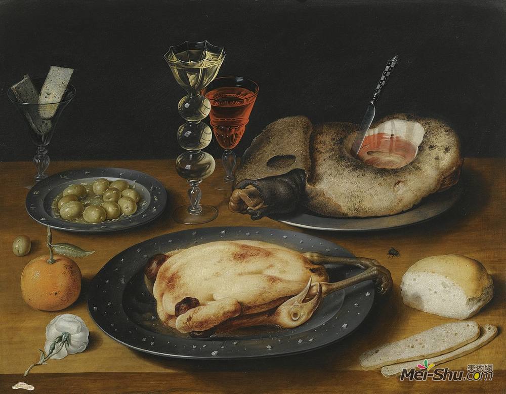 奥夏斯.贝尔(Osias Beert)高清作品《烤鸡肉、火腿和橄榄在白葡萄酒上的静物》