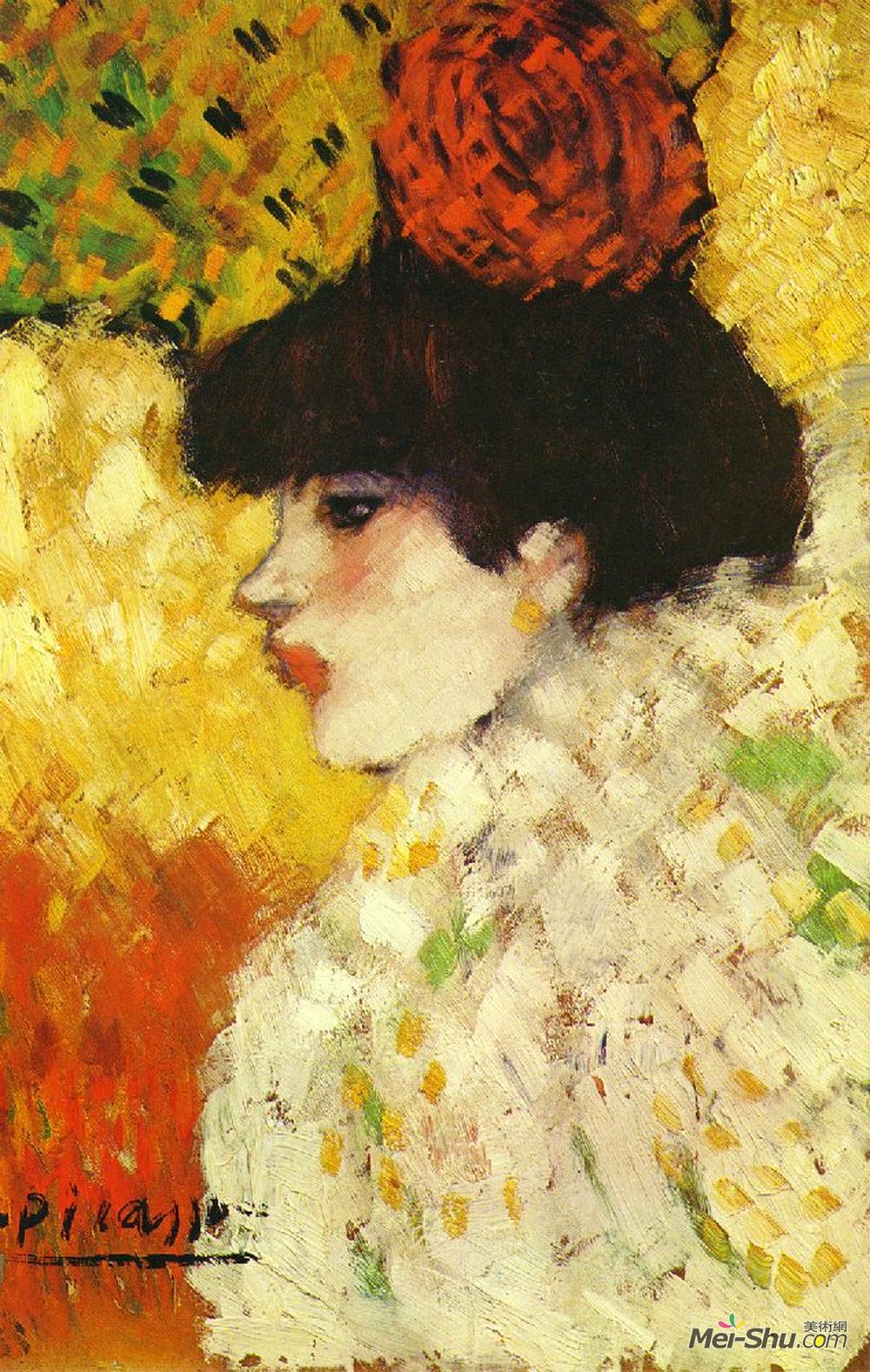 巴勃罗·毕加索(Pablo Picasso)高清作品《一个年轻女孩（头发上有红花的女孩）》