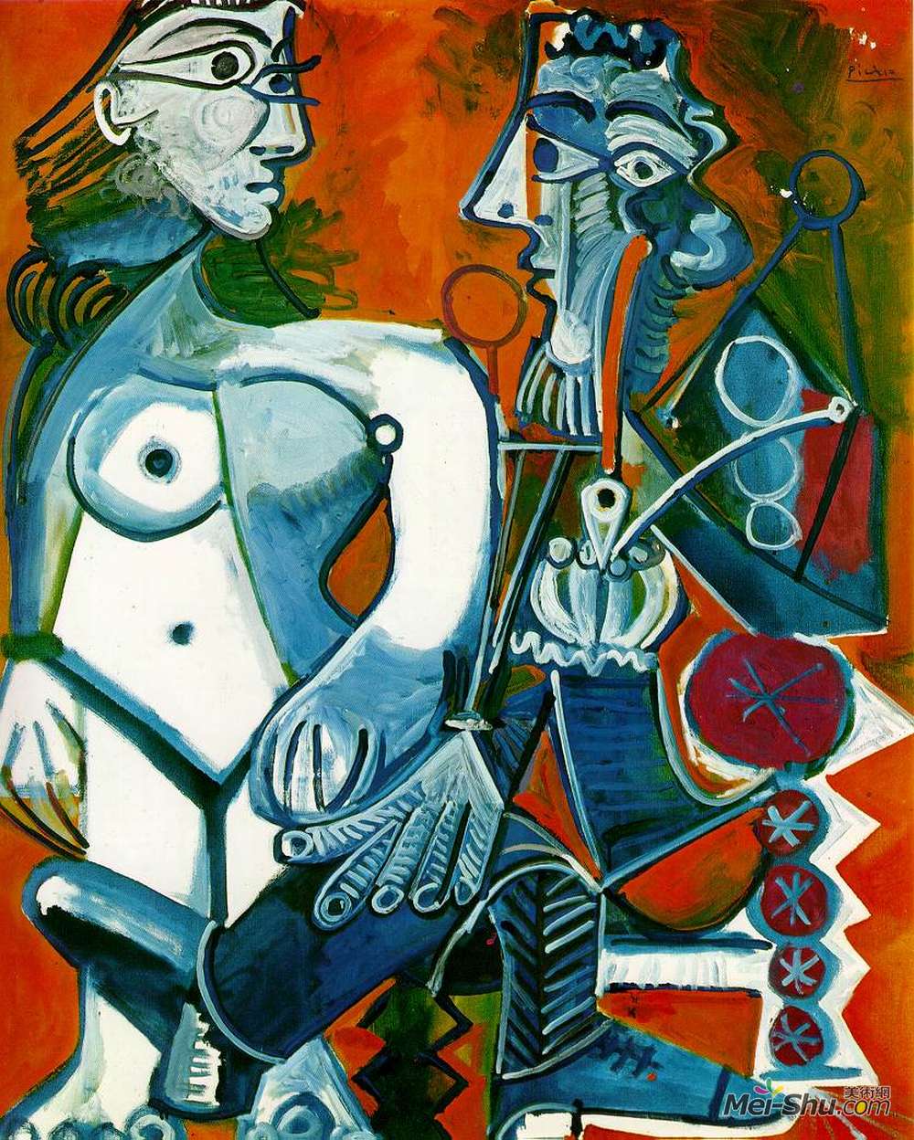 巴勃罗·毕加索(Pablo Picasso)高清作品《站着女性裸体和男人带着烟斗》