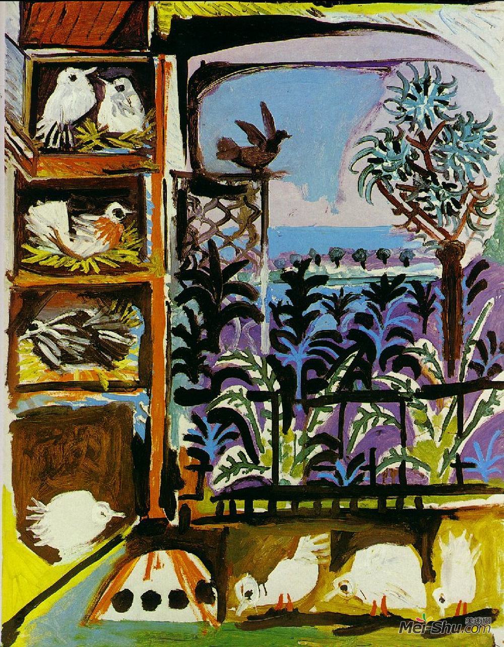 巴勃罗·毕加索(Pablo Picasso)高清作品《工作室（鸽子）（贝拉斯克斯）》
