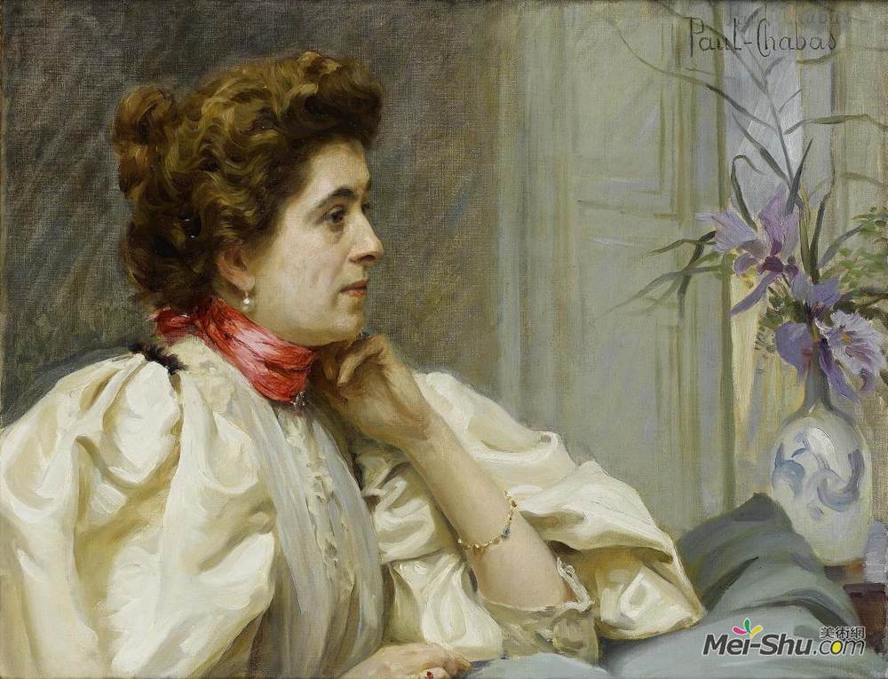 保罗·埃米尔·查巴斯(Paul Émile Chabas)高清作品《一位戴着红领巾的女士的肖像》