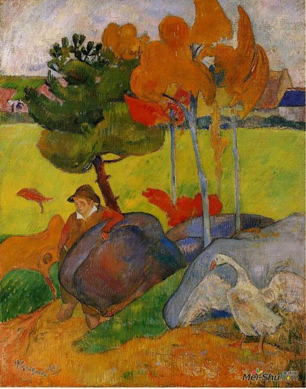 保罗·高更(Paul Gauguin)高清作品《布兰顿男孩与鹅的风景》
