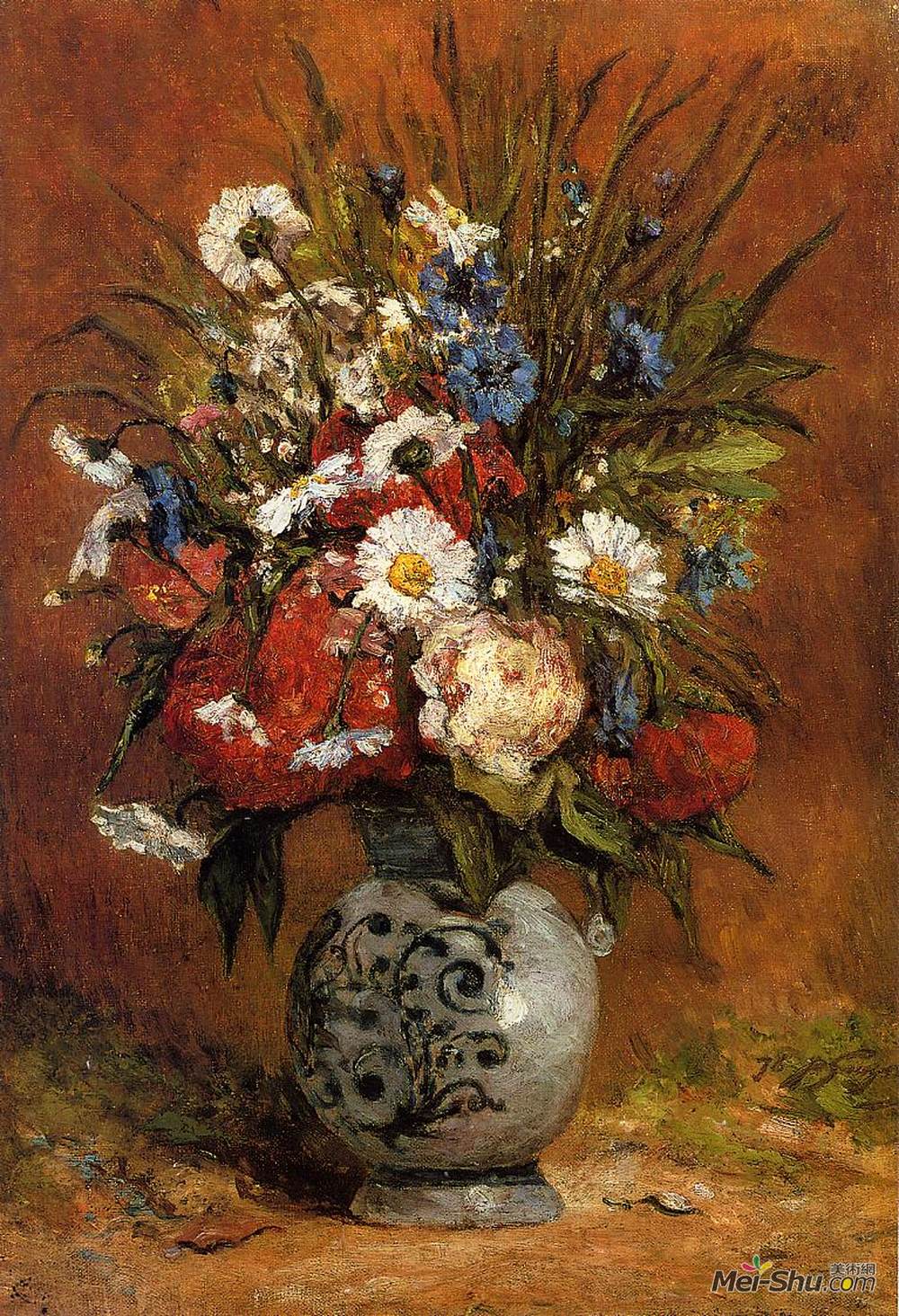 保罗·高更(Paul Gauguin)高清作品《蓝色花瓶中的雏菊和牡丹》