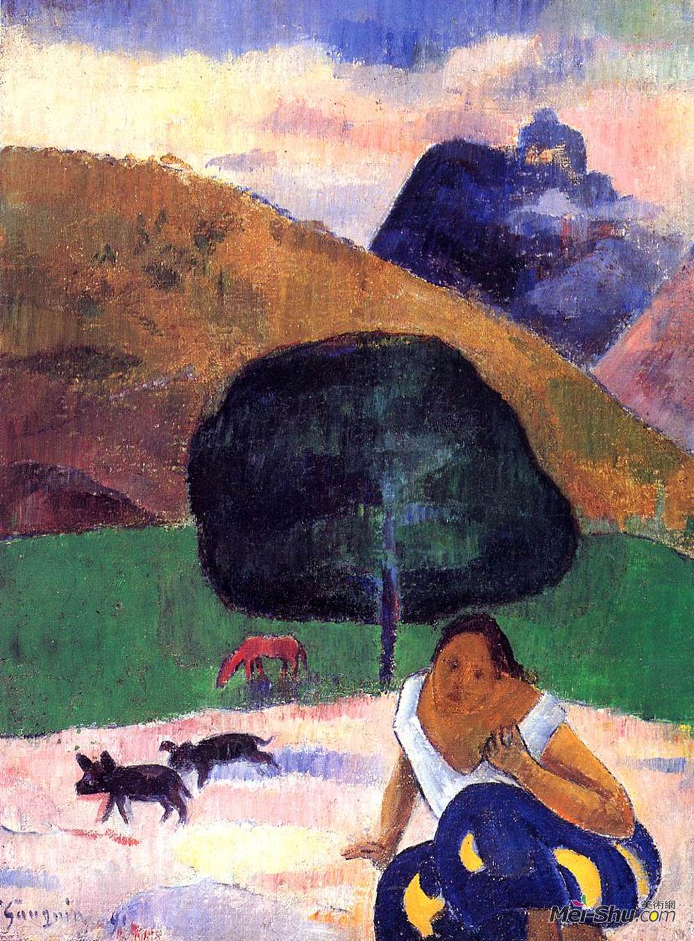 保罗·高更(Paul Gauguin)高清作品《黑色猪和蜷缩的大溪地风景》