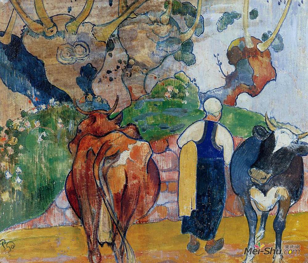 保罗·高更(Paul Gauguin)高清作品《景观中的农妇和奶牛》