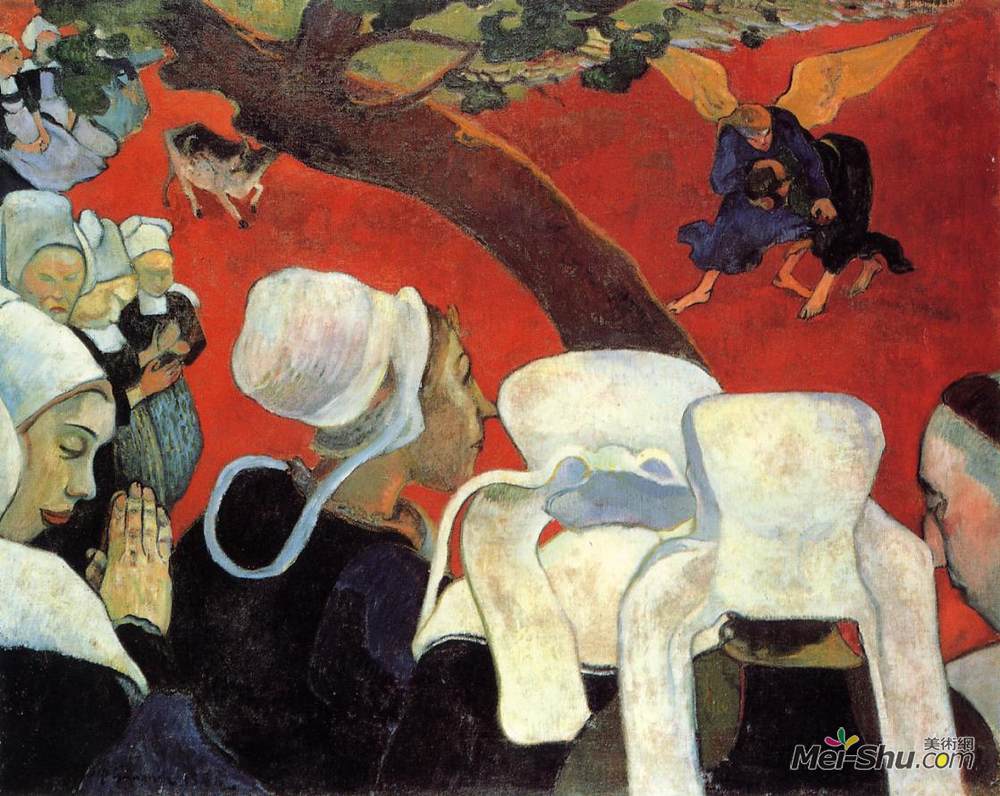 保罗·高更(Paul Gauguin)高清作品《讲道之后的愿景（雅各伯与天使搏斗）》