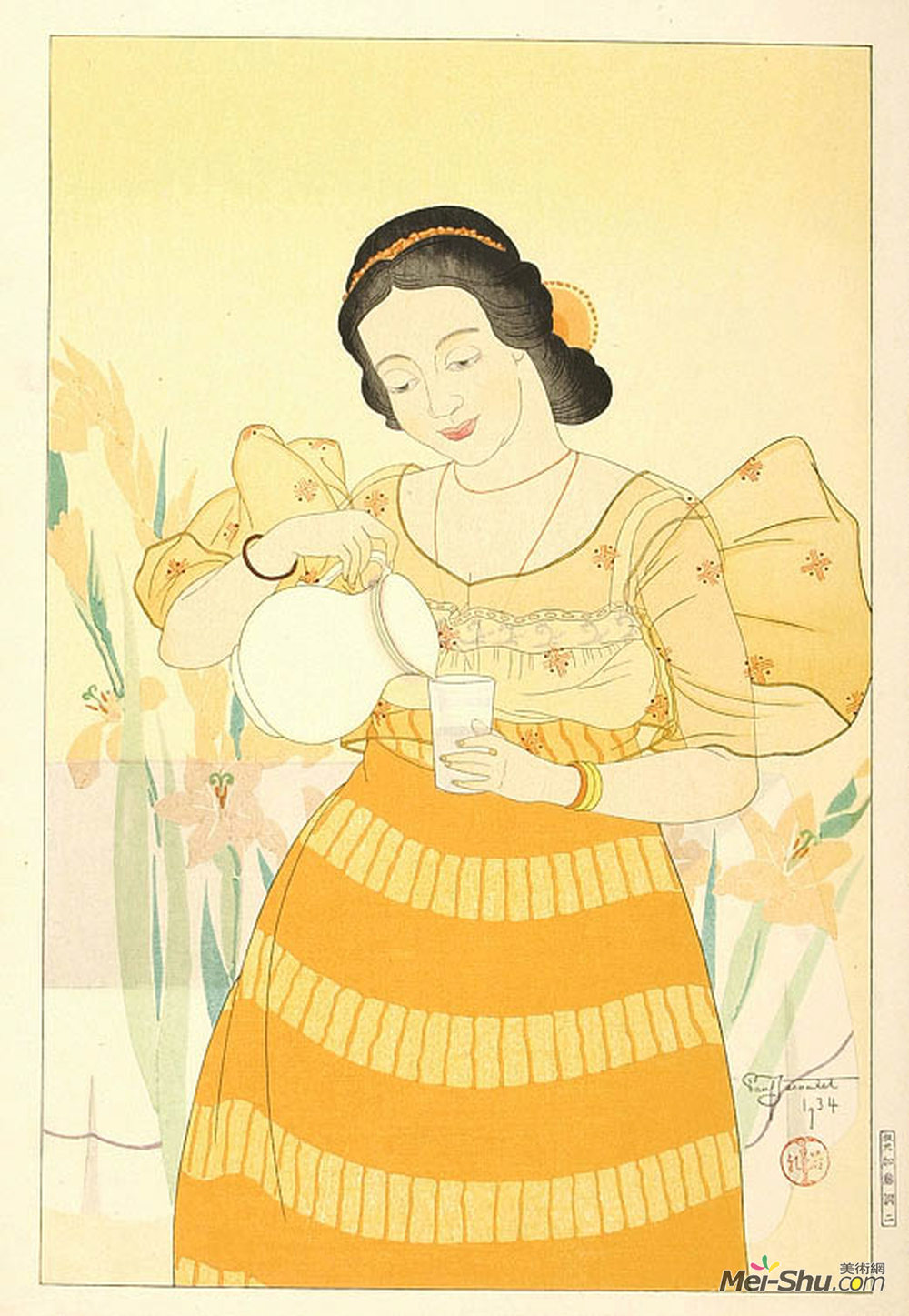 保罗贾克勒(Paul Jacoulet)高清作品《夏莫罗女人的肖像-橙色》