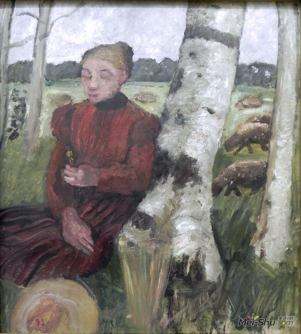 保拉·莫德索恩-贝克尔(Paula Modersohn-Becker)高清作品《桦树上的女孩和背景中的羊群》