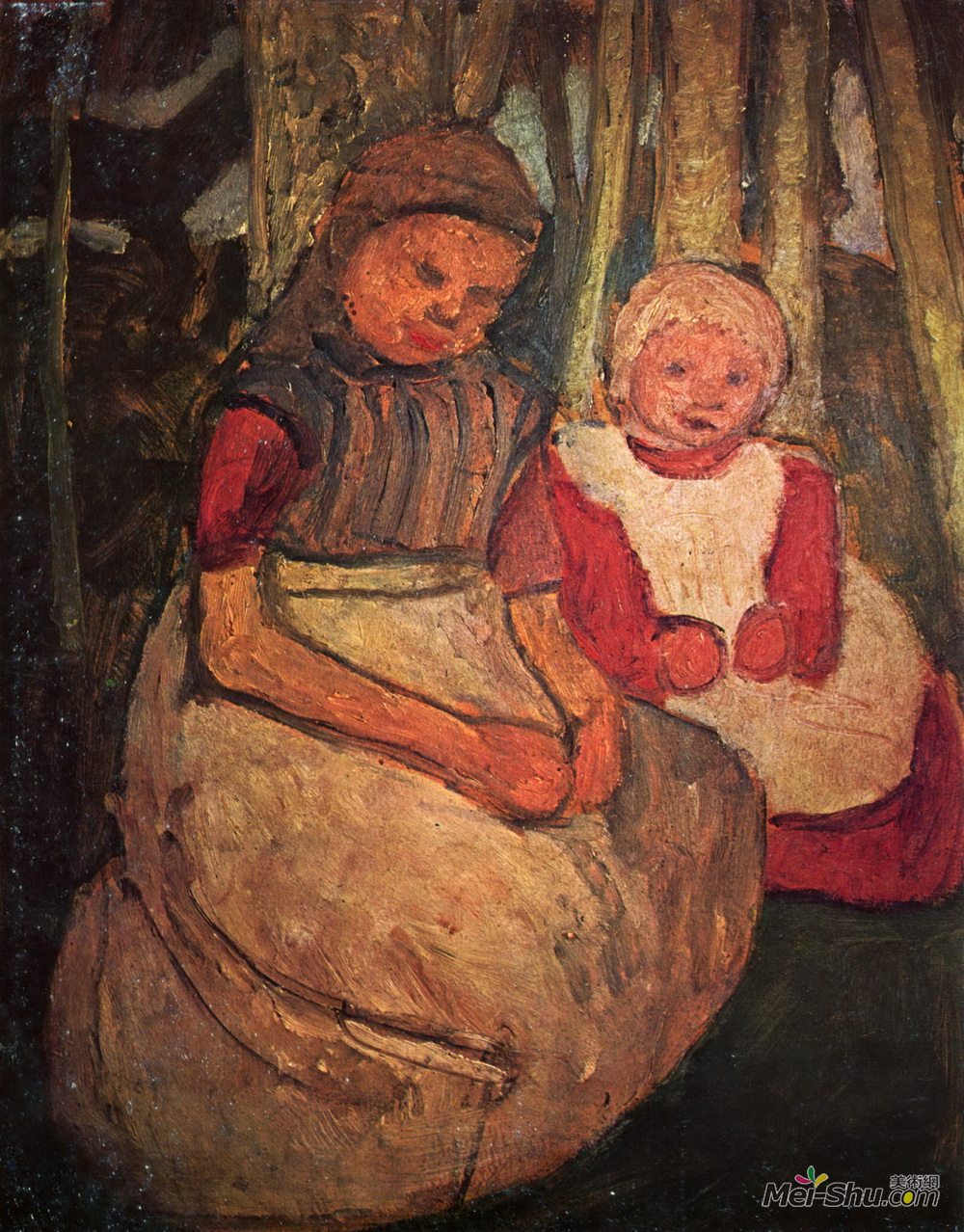 保拉·莫德索恩-贝克尔(Paula Modersohn-Becker)高清作品《两个女孩坐在桦树林中》