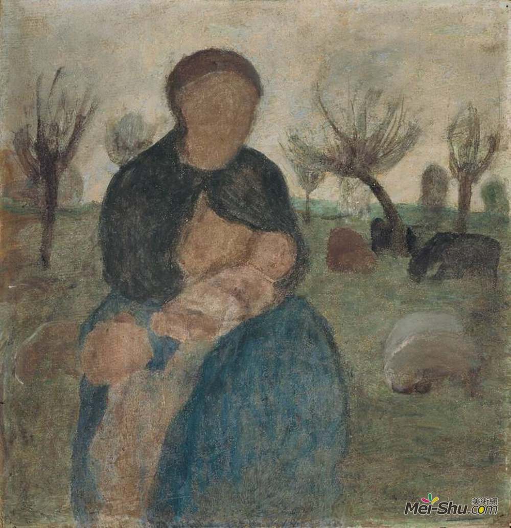 保拉·莫德索恩-贝克尔(Paula Modersohn-Becker)高清作品《母亲怀着婴儿，风景中的孩子》