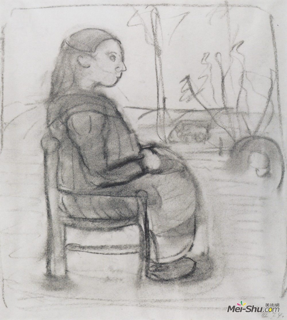 保拉·莫德索恩-贝克尔(Paula Modersohn-Becker)高清作品《坐在风景中的女孩，向右》