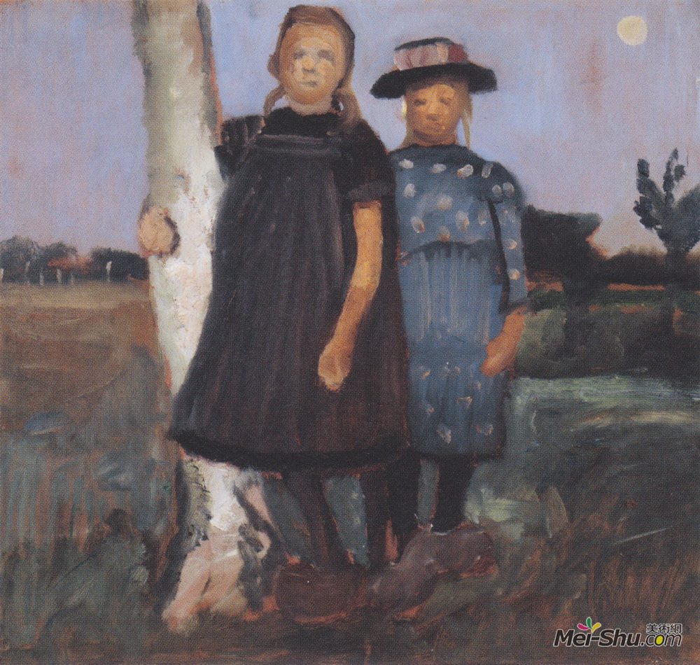 保拉·莫德索恩-贝克尔(Paula Modersohn-Becker)高清作品《两个女孩站在桦树树干上》