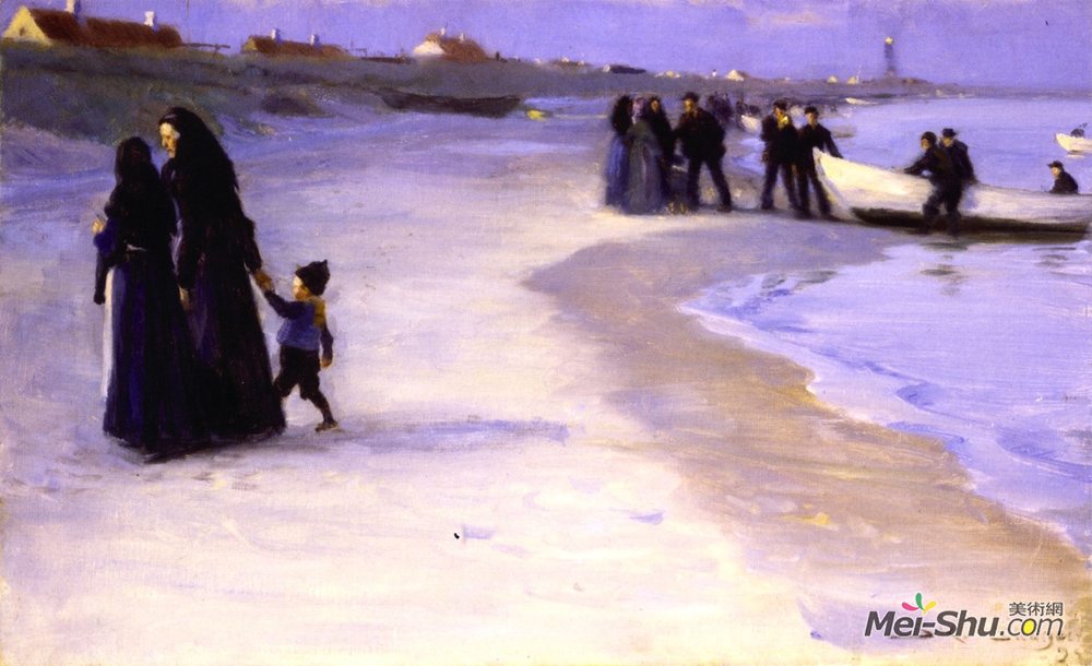 佩德·塞韦林·克罗耳(Peder Severin Kroyer)高清作品《海岸线上的白色小船，夏末之夜》