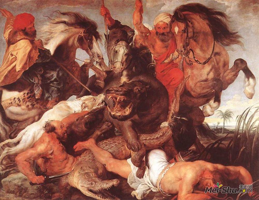 彼得·保罗·鲁本斯(Peter Paul Rubens)高清作品《Hippopotamus and Crocodile Hunt》