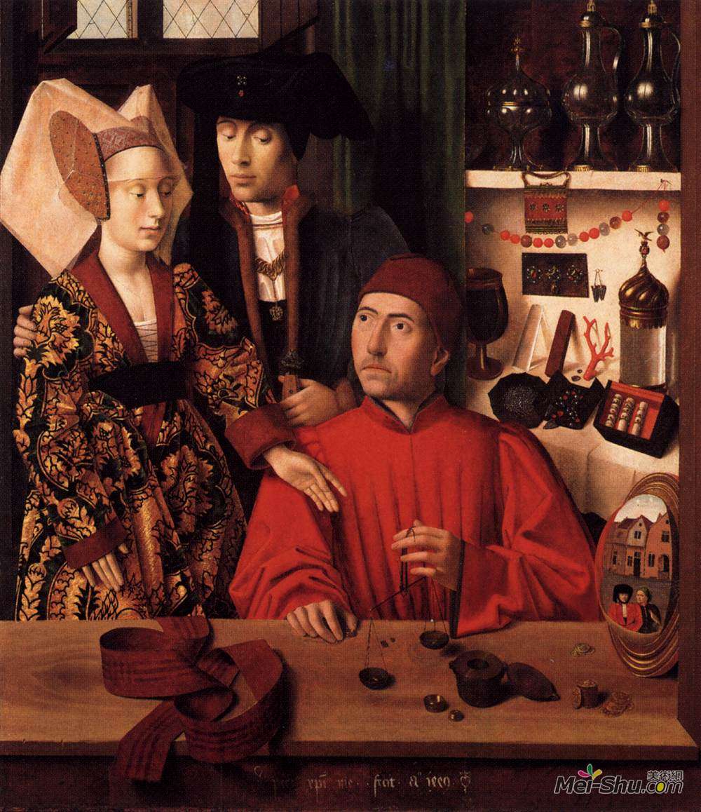 佩特鲁斯·克里斯图斯(Petrus Christus)高清作品《圣埃利吉乌斯作为一个金匠，向订婚的人展示戒指。》