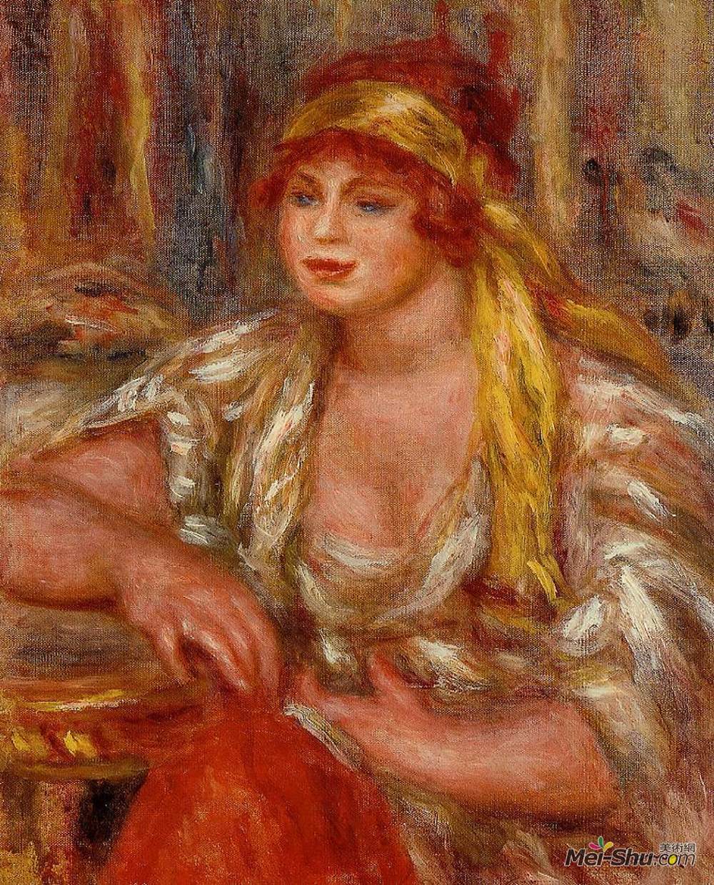 皮耶尔·奥古斯特·雷诺阿(Pierre-Auguste Renoir)高清作品《Andree in Yellow Turban and Blue Skirt》