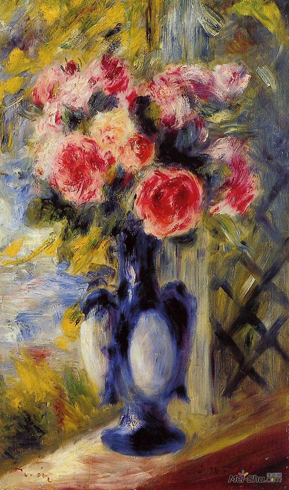皮耶尔·奥古斯特·雷诺阿(Pierre-Auguste Renoir)高清作品《蓝色花瓶里的玫瑰花束》