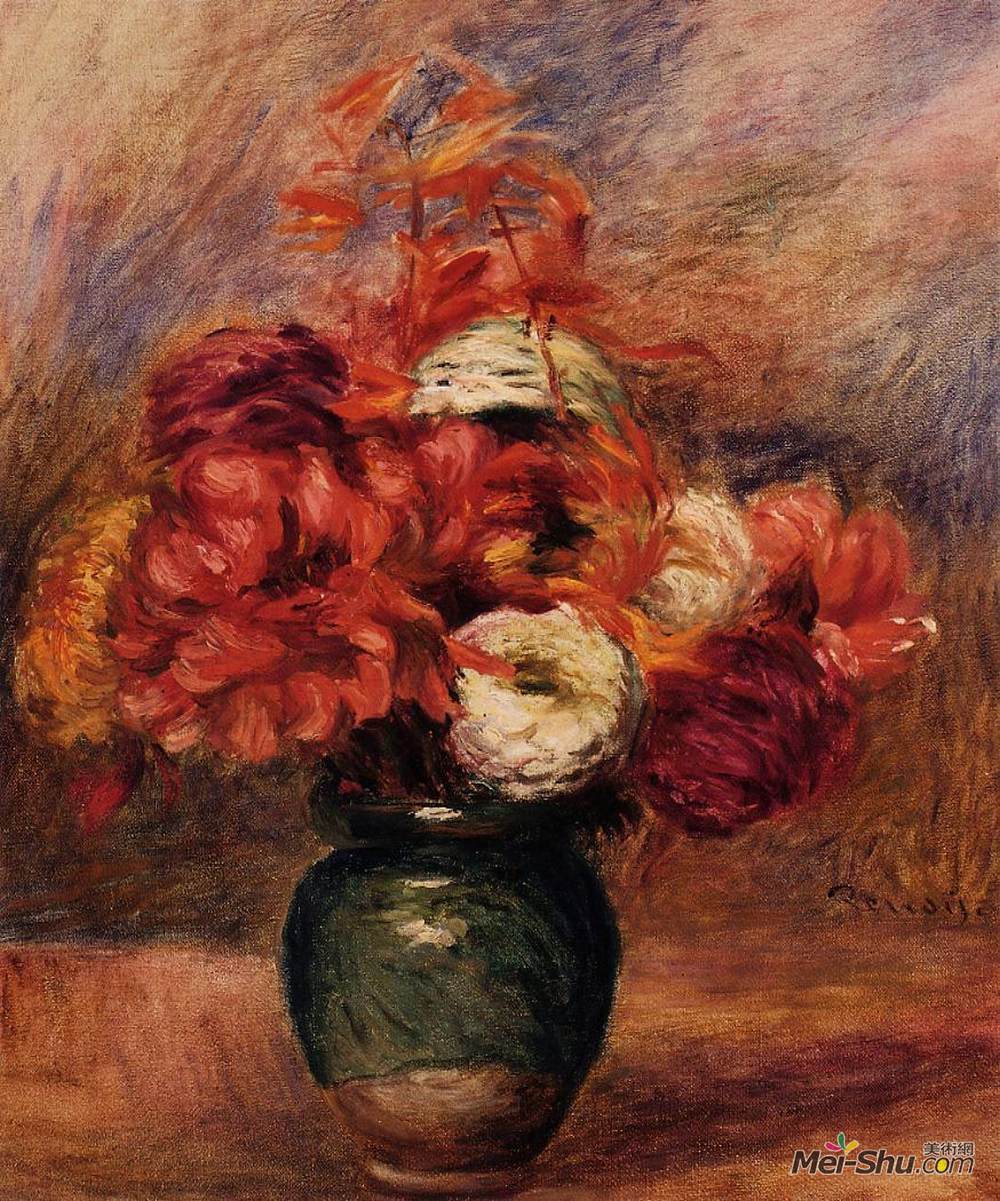 皮耶尔·奥古斯特·雷诺阿(Pierre-Auguste Renoir)高清作品《Flowers in a Green Vase Dahlilas and Asters》