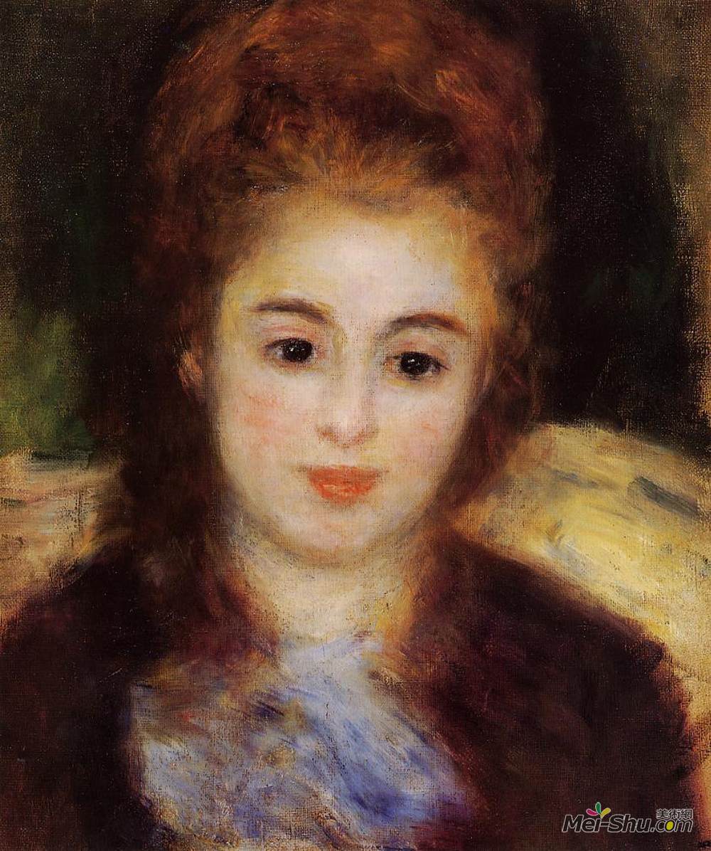 皮耶尔·奥古斯特·雷诺阿(Pierre-Auguste Renoir)高清作品《Head of a Young Woman Wearing a Blue Scarf (Madame Henriot)》