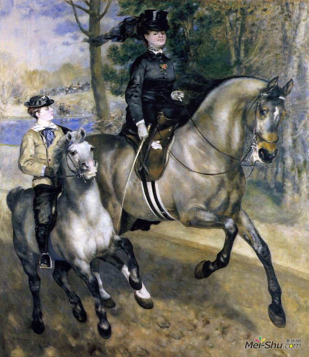 皮耶尔·奥古斯特·雷诺阿(Pierre-Auguste Renoir)高清作品《Riding in the Bois de Boulogne (Madame Henriette Darras or T》