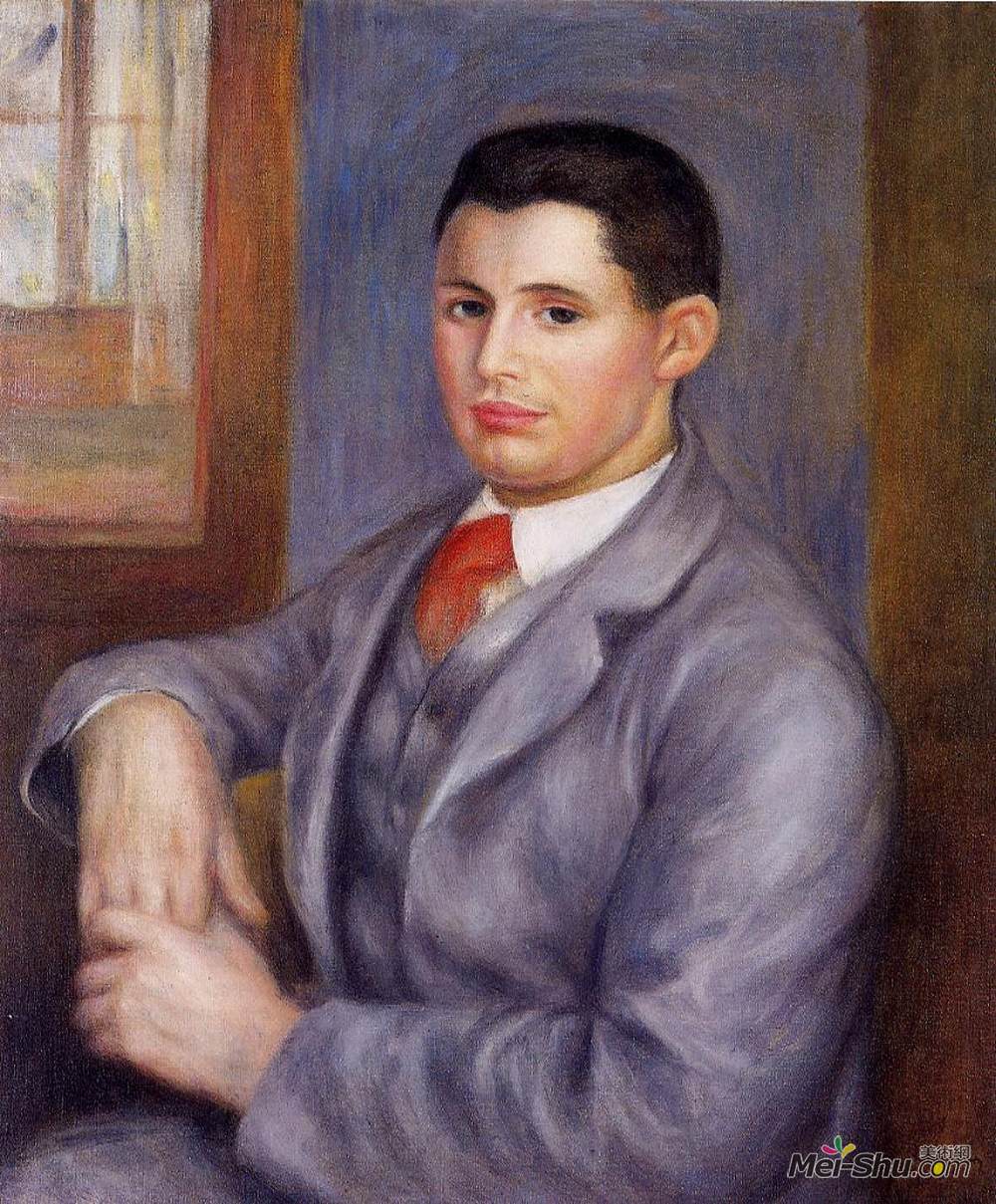 皮耶尔·奥古斯特·雷诺阿(Pierre-Auguste Renoir)高清作品《一条红色领带的年轻人，尤金雷诺阿画象》