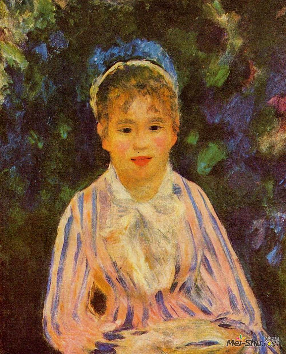 皮耶尔·奥古斯特·雷诺阿(Pierre-Auguste Renoir)高清作品《穿着蓝色和粉色条纹衬衫的年轻女子》