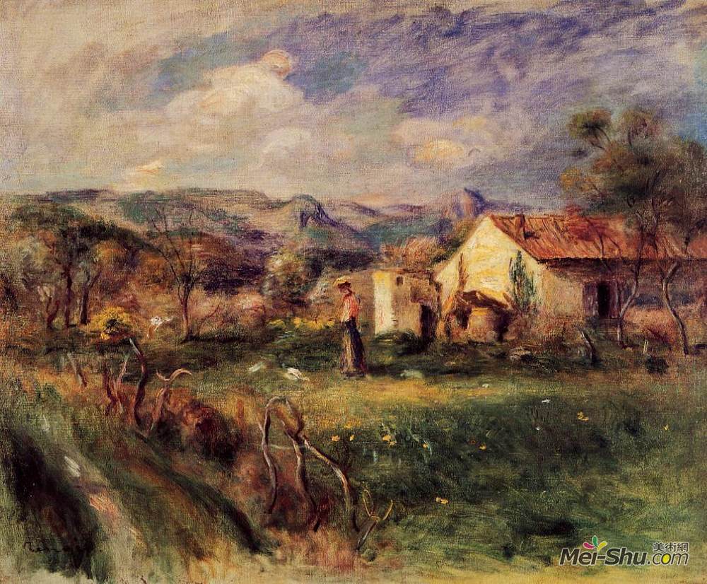 皮耶尔·奥古斯特·雷诺阿(Pierre-Auguste Renoir)高清作品《米莉站在农舍旁边的年轻女子》